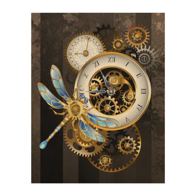 Steampunk Clock with Mechanical Dragonfly Wood Wall Art (Front)