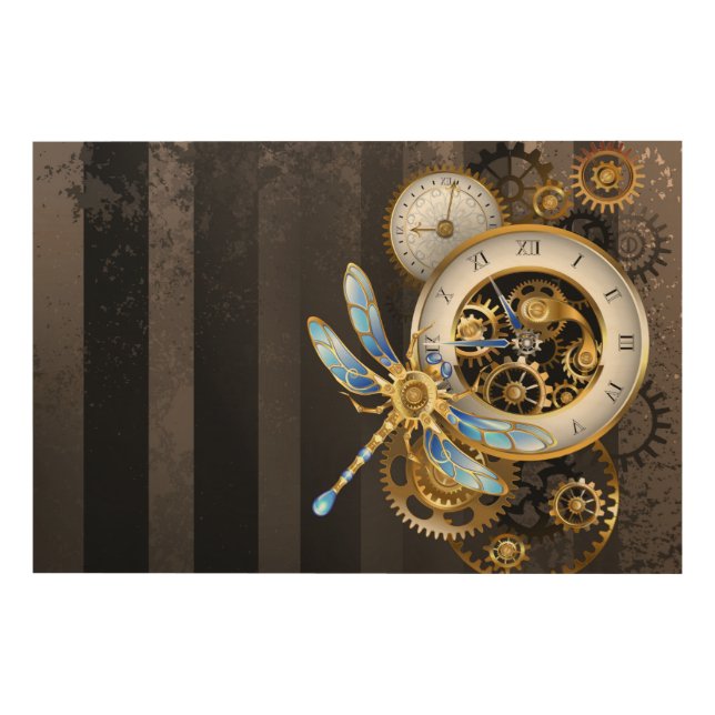 Steampunk Clock with Mechanical Dragonfly Wood Wall Art (Front)