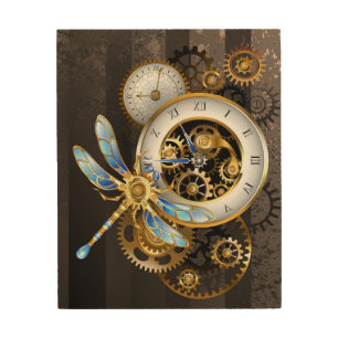 Steampunk Clock with Mechanical Dragonfly Wood Wall Art