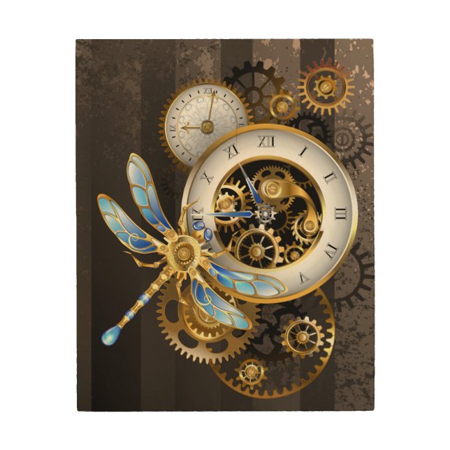 Steampunk Clock with Mechanical Dragonfly Wood Wall Art (Front)