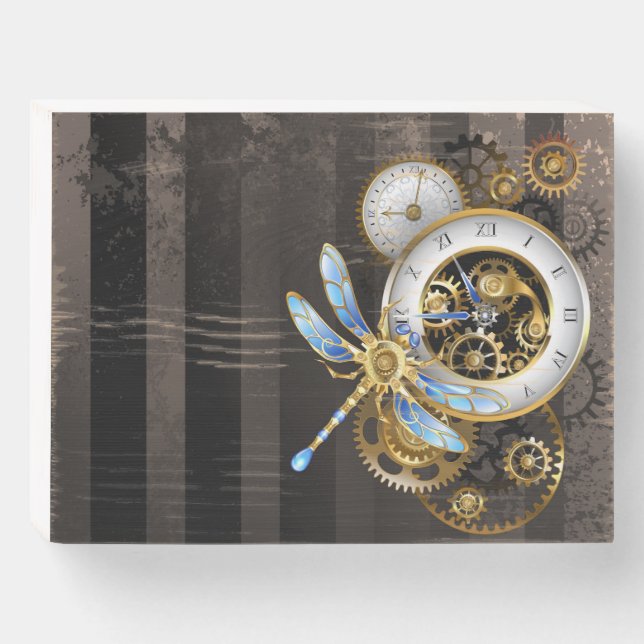 Steampunk Clock with Mechanical Dragonfly Wooden Box Sign (Front Horizontal)
