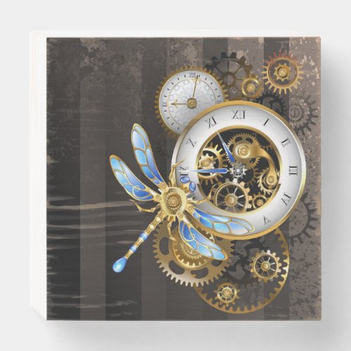 Steampunk Clock with Mechanical Dragonfly Wooden Box Sign