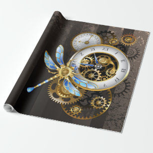 Steampunk Clock with Mechanical Dragonfly Wrapping Paper
