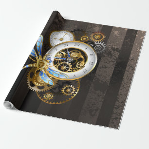 Steampunk Clock with Mechanical Dragonfly Wrapping Paper