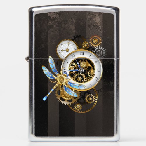Steampunk Clock with Mechanical Dragonfly Zippo Lighter