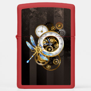 Steampunk Clock with Mechanical Dragonfly Zippo Lighter