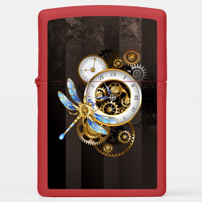 Steampunk Clock with Mechanical Dragonfly Zippo Lighter (Front)