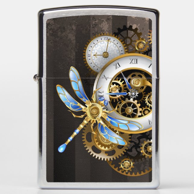 Steampunk Clock with Mechanical Dragonfly Zippo Lighter (Front)