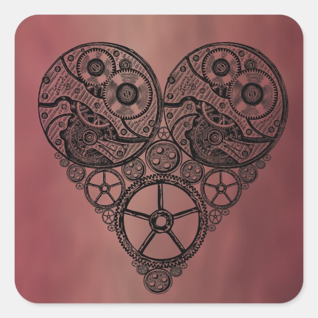 Steampunk  Clock Works and Gear Heart Square Sticker (Front)