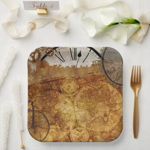 Steampunk Clocks Time Vintage Map Paper Plates