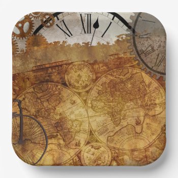 Steampunk Clocks Time Vintage Map Paper Plates by PartyPrep at Zazzle