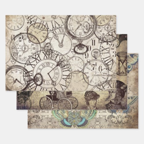 STEAMPUNK CLOCKS  WATCHES HEAVY WEIGHT DECOUPAGE WRAPPING PAPER SHEETS