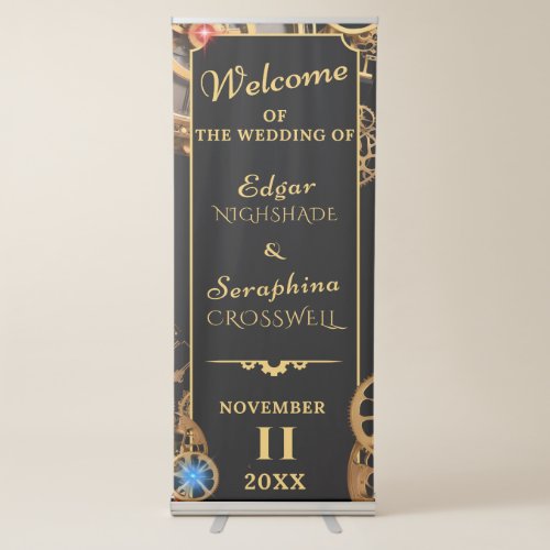 Steampunk Clockwork Black and Gold Vintage Wedding Retractable Banner