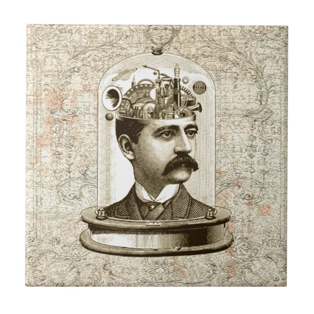 Steampunk clockwork brain head in jar ceramic tile (Front)