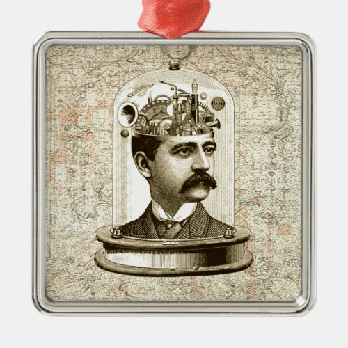 Steampunk clockwork brain head in jar metal ornament