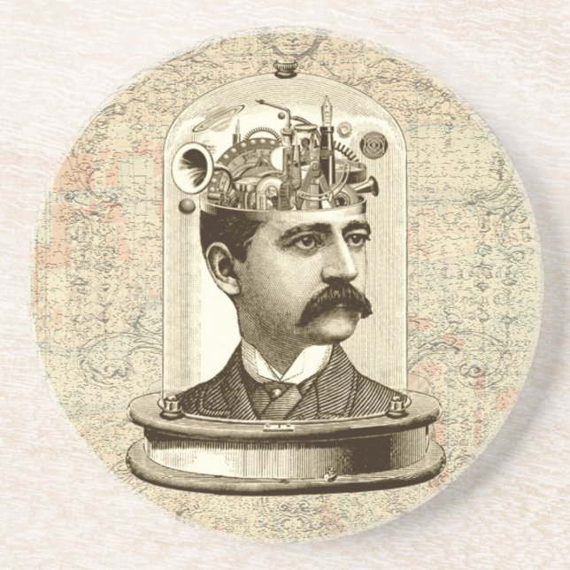 Steampunk clockwork brain head in jar sandstone coaster (Front)