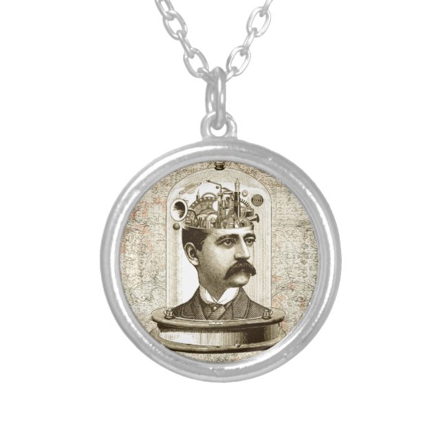 Steampunk clockwork brain head in jar silver plated necklace (Front)