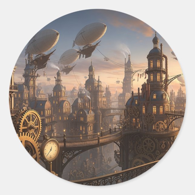 Steampunk Clockwork City Classic Round Sticker (Front)