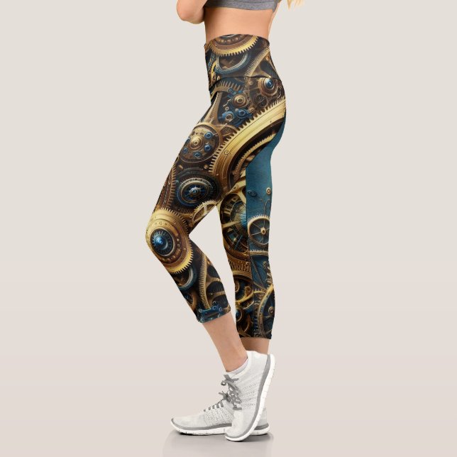 Steampunk Clockwork Gold and Teal Capri Leggings (Left)