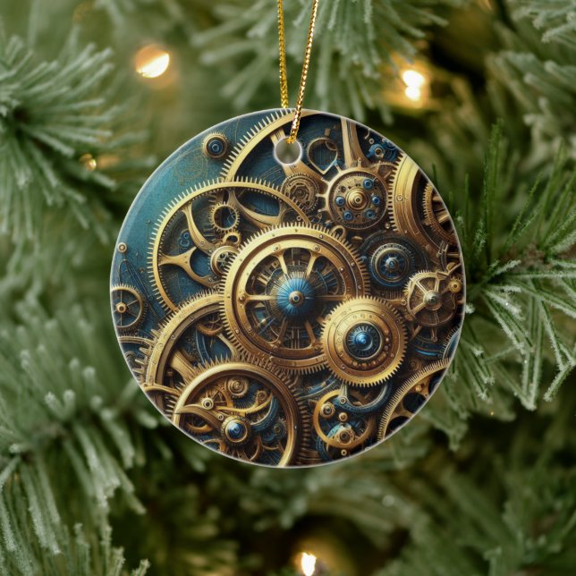 Steampunk Clockwork Gold and Teal Ceramic Ornament (Tree)