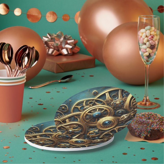 Steampunk Clockwork Gold and Teal Paper Plates (Multi)