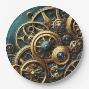 Steampunk Clockwork Gold and Teal Paper Plates