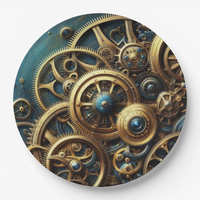 Steampunk Clockwork Gold and Teal Paper Plates (Front)