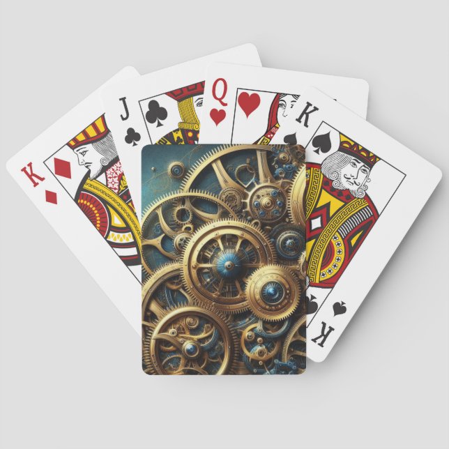 Steampunk Clockwork Gold and Teal Poker Cards (Back)