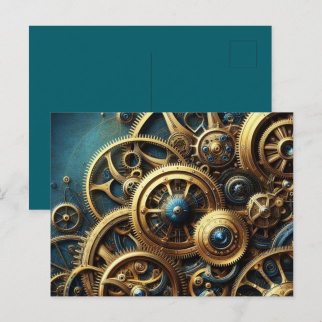 Steampunk Clockwork Gold and Teal Postcard (Front/Back)
