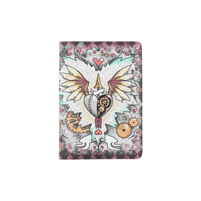 steampunk clockwork heart passport cover or holder (Front)