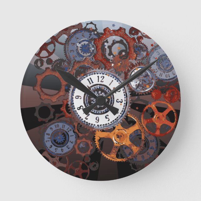 Steampunk clockwork pattern rustic round clock (Front)