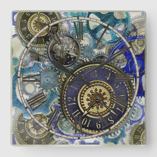 Steampunk clockwork pattern square wall clock (Front)