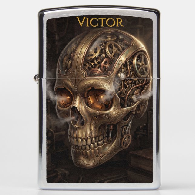 Steampunk Clockwork Skull Brass Gears Gothic  Zippo Lighter (Front)