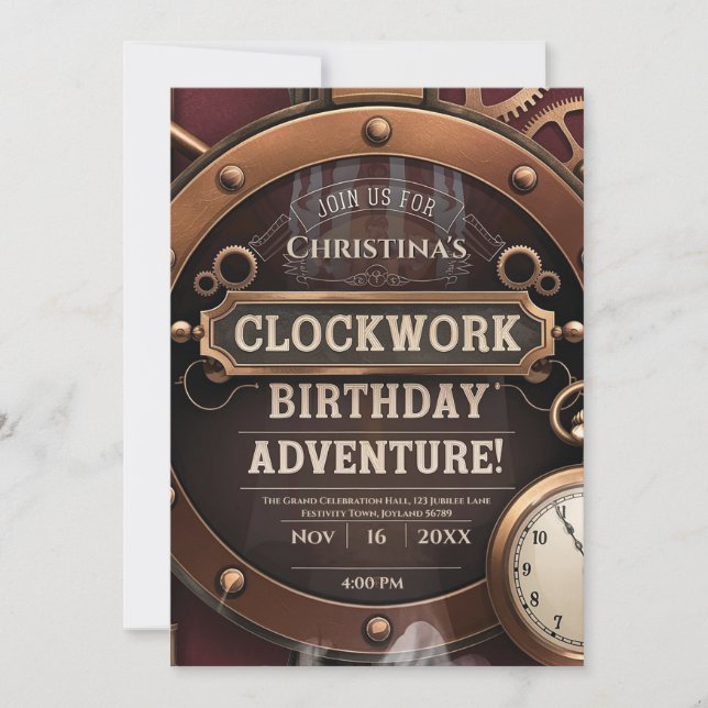 Steampunk Clockwork Vintage Birthday Party Invitation (Front)
