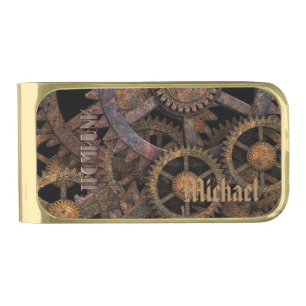 Steampunk Cogs and Wheels Personalised Gold Finish Money Clip