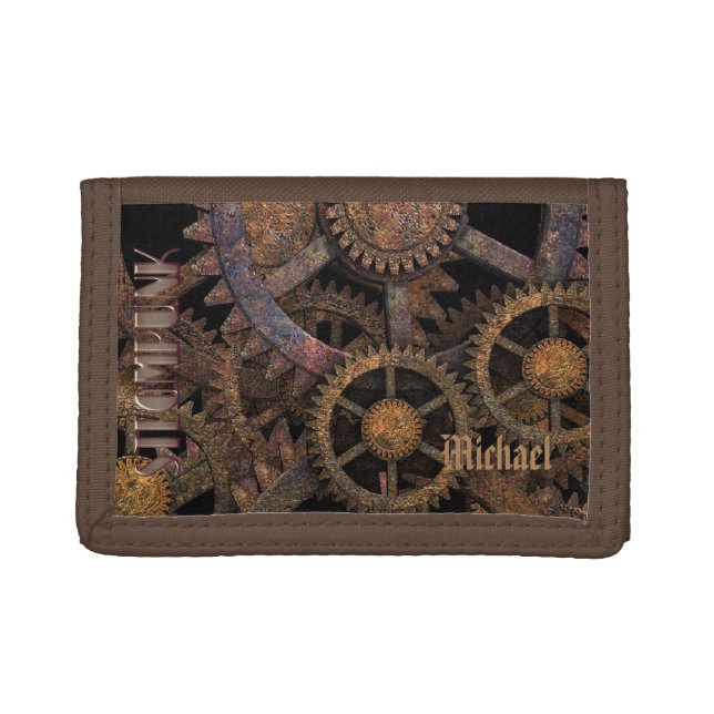 Steampunk Cogs and Wheels Personalised Trifold Wallet (Front)
