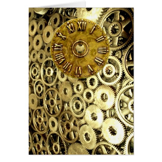 Steampunk cogs gears brass clock metal sheet cards (Front)