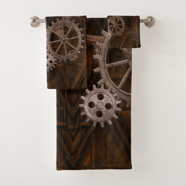 Steampunk Cogs , Gears, Map & Compass Bath Towel Set (Insitu)