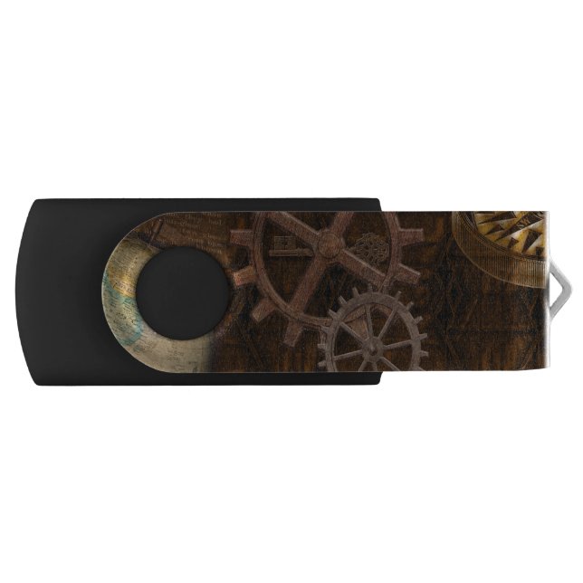 Steampunk Cogs, Gears & World Globe Antique Design Flash Drive (Front)