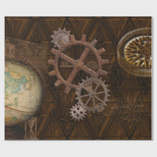 Steampunk Cogs , Gears & World Globe Design Wrapping Paper