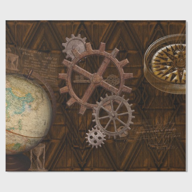 Steampunk Cogs , Gears & World Globe Design Wrapping Paper (Flat)