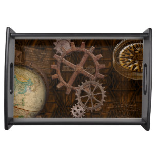 Steampunk Cogs , Gears & World Globe Designer Serving Tray