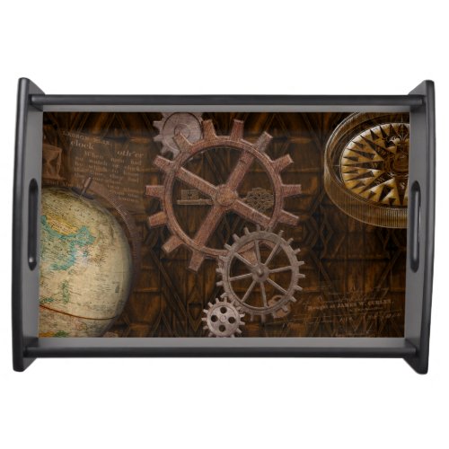 Steampunk Cogs  Gears  World Globe Designer Serving Tray