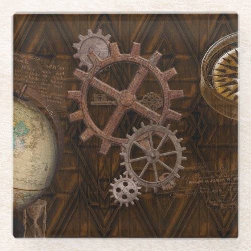 Steampunk Cogs  Gears  World Globe Glass Coaster