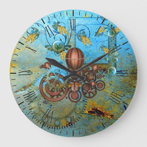 Steampunk Collage Aqua Copper Wall Clock