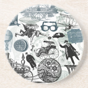 Steampunk Collage Gear Clock Wedding Drink Coaster
