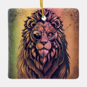 Steampunk Color Gradient Rustic Lion Ceramic Ornament