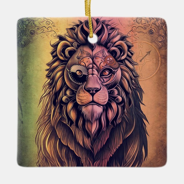 Steampunk Color Gradient Rustic Lion Ceramic Ornament (Front)
