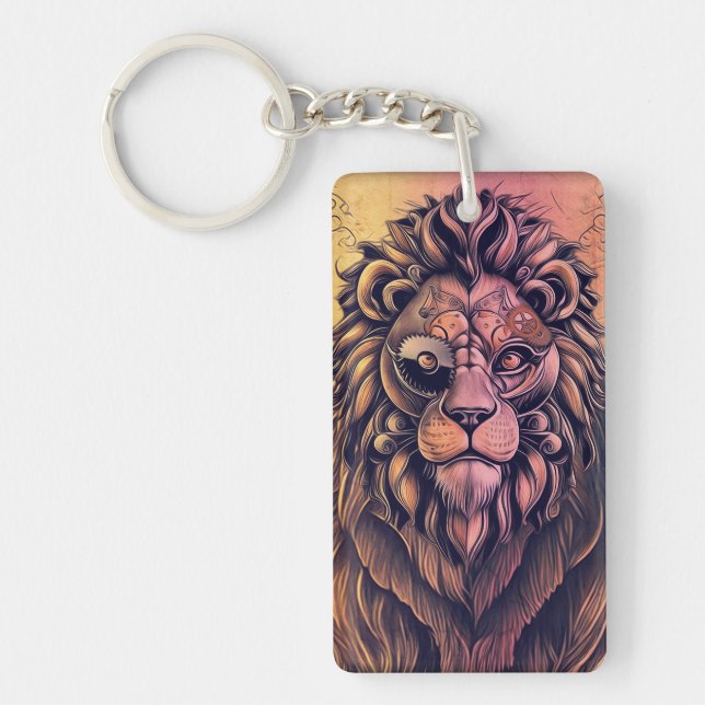 Steampunk Color Gradient Rustic Lion Keychain (Front)