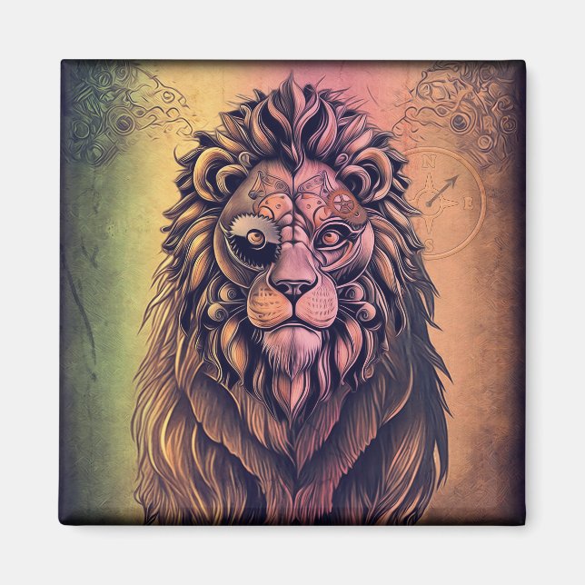 Steampunk Color Gradient Rustic Lion Magnet (Front)